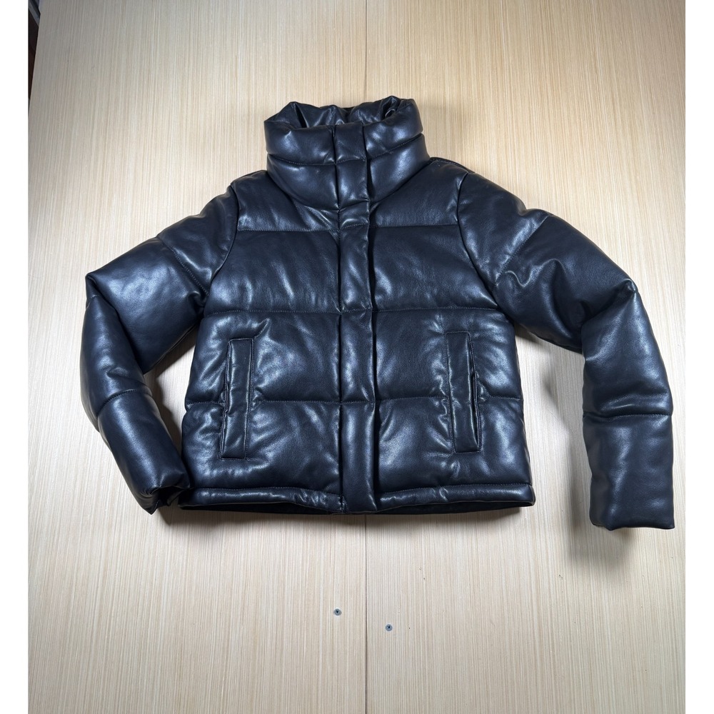 Abercrombie & Fitch Mini Puffer Jacket Women Medium Black Vegan Leather Full Zip